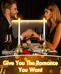 Couple at dinner with 24 Pack Flameless Taper Candles With Remote Control And Timer Realistic 3D Flickering LED Flame White Tapers With Gold Bases Battery Operated For Holidays Weddings And Home Decor.