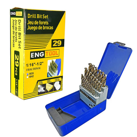 29 Piece Twist Drill Bit Set With Five Percent Cobalt M35 For Hardened Steel Cast Iron And Tough Metals Jobber Length Box