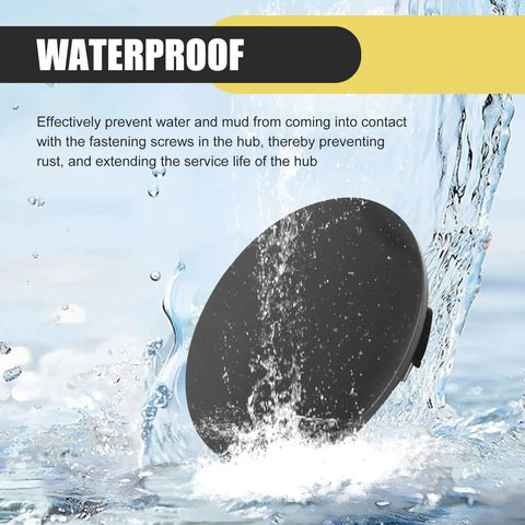 Water splashing on a black ABS 4 Pack Universal Car Wheel Center Caps Sixty Millimeter Outer Diameter Fifty Six Millimeter Inner Bore.