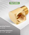 Beefy Brass 90 Degree Pipe Elbow Fittings Half Inch NPT Male To Half Inch NPT Female 2 Pack shown with features
