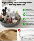Heavy Duty Metal Lazy Susan Turntable Organizer With Slick Gunmetal Finish And Hella Sturdy Spinning Rack For Kitchen Counter And Pantry Storage Plus Compact 9 8 Inch Rotating Tray Set Includes Two Pieces, shown with bathroom items.