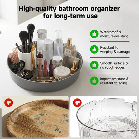 Heavy Duty Metal Lazy Susan Turntable Organizer With Slick Gunmetal Finish And Hella Sturdy Spinning Rack For Kitchen Counter And Pantry Storage Plus Compact 9 8 Inch Rotating Tray Set Includes Two Pieces, shown with bathroom items.