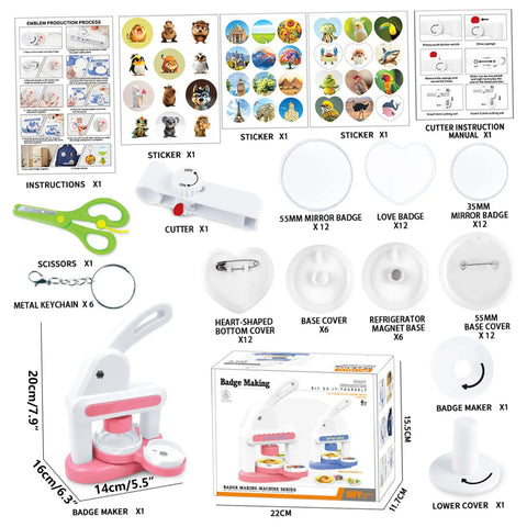 Awesome Button Maker Machine Badge Punch Press Pin Kit With 55mm And 35mm Sizes For Badges Includes 36 Buttons With Magnet Backs Six Keychains Metal Circle Cutter And Scissors For Cutting Perfect For Home Business Creators Making Gifts Right Now. badge maker kit with pink and white press, cutter, scissors, and parts