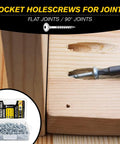 Pocket Hole Screw Kit With 200 Pieces Of Carbon Steel Button Head Screws in use on wood joint with clear storage case.