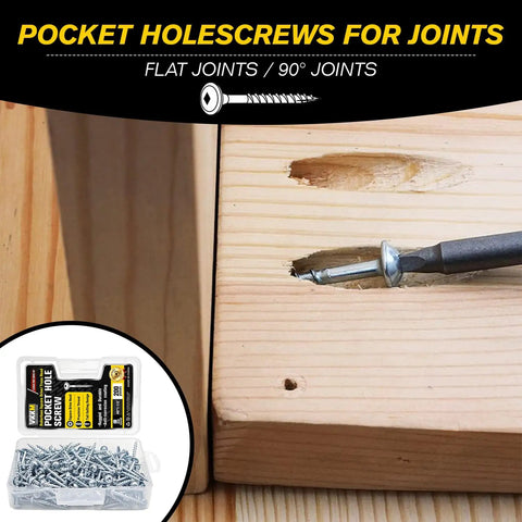 Pocket Hole Screws Kit 260 Pieces Carbon Steel Internal Square Drive Button Head Size Eight By One And Quarter Inch Zinc Coated Finish Includes Free 150mm Square Drive Bit In A Clear Storage Case For Easy Organization And Grab And Go showing screws in a wooden joint.