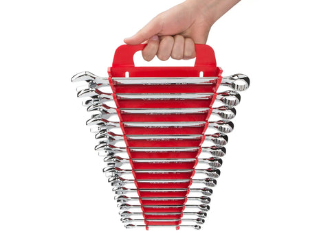 Hand holding 30 Piece Combination Wrench Set With Inch And Metric Wrenches, Angled Open End For Easy Fit, Durable Holder Included