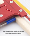 Close-up of the Built Like A Tank Dual Track Saw Parallel Guide System showing red aluminum jig and blue sliding gauge.