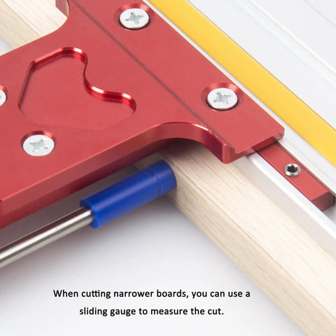 Close-up of the Built Like A Tank Dual Track Saw Parallel Guide System showing red aluminum jig and blue sliding gauge.