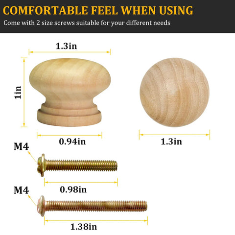 15 Pack Unfinished Wood Drawer Knobs Mushroom Style Cabinet Dresser Pull Handles For DIY Home Reno Makeover 1.34 Inch Diameter 1 Inch High Ready To Stain Paint Or Color, featuring wood knob and screws with measurements.