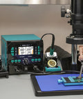992D-II 2-In-1 Precision Soldering Kit with Hot Air Pencil and C210 Soldering Iron in use on a PCB under microscope