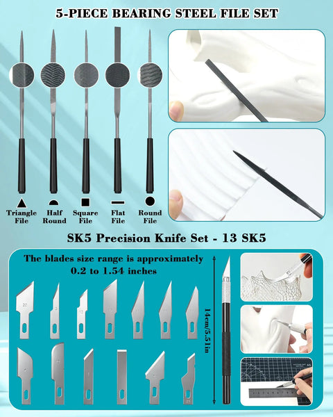 5-Piece Bearing Steel File Set with various file types for precision work, ideal for hobbyists and crafters.