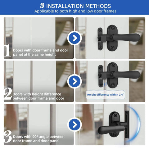 Installation methods for Two Pack 360 Degree Flip Bathroom Stall Latch For Inside Doors With Three Locking Methods Stainless Steel Matte Black Heavy Duty Gate Hardware Ideal For Barn Doors And Interior Doors Two And A Half Inch Handle shown on white doors