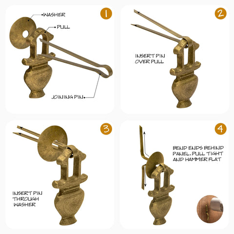 Golden Furnace Brass Cabinet Pulls Set of 2 3.5 Inch Floral Antique Style Solid Brass Handles installation steps with washers and pins.