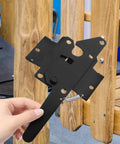 Heavy Duty Farm Gate Hinges And Iron Gate Hardware For Residential And Commercial Use, black hinge held near wooden gate