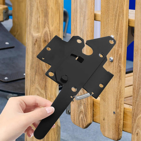 Heavy Duty Farm Gate Hinges And Iron Gate Hardware For Residential And Commercial Use, black hinge held near wooden gate