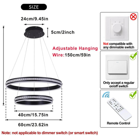 Modern Crystal Chandelier With Dimmable LED Pendant Light In Black, Acrylic Double Ring Design shown with dimensions and remote control