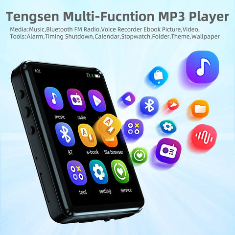 Bluetooth 5.3 MP3 Player With Built In Speaker featuring colorful app icons for various functions on full touch screen