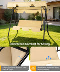 Outdoor Porch Swing With Adjustable Canopy And Heavy Duty Stand, Powder Coated Steel Frame Glider, Beige Cushions