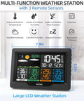 Wireless Weather Station With Indoor And Outdoor Sensors And 7 Inch Color Display showing temperature and humidity readings