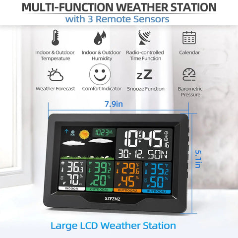 Wireless Weather Station With Indoor And Outdoor Sensors And 7 Inch Color Display showing temperature and humidity readings