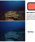 Comparison of coral reef images with and without red filter from 3 Pack Dive Filter Set For GoPro Hero 5 6 7 Black Super Suit Housing