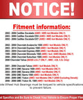 Fitment information notice with compatibility years for various Chevy, GMC, and Cadillac 4WD models