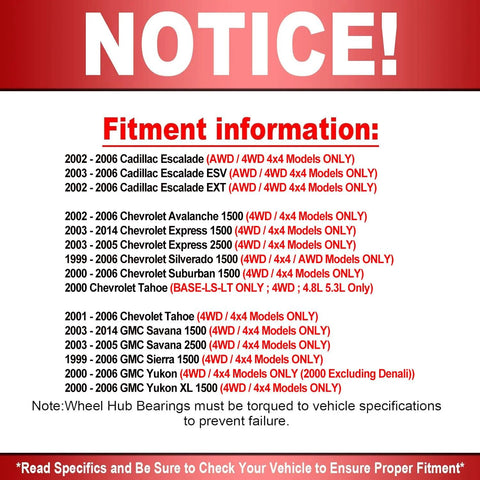 Fitment information notice with compatibility years for various Chevy, GMC, and Cadillac 4WD models