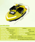 Beast GPS Fishing Bait Boat With 12000mAh Battery, 1640ft Remote Range RC Boat, Triple Bins, Yellow, with specifications