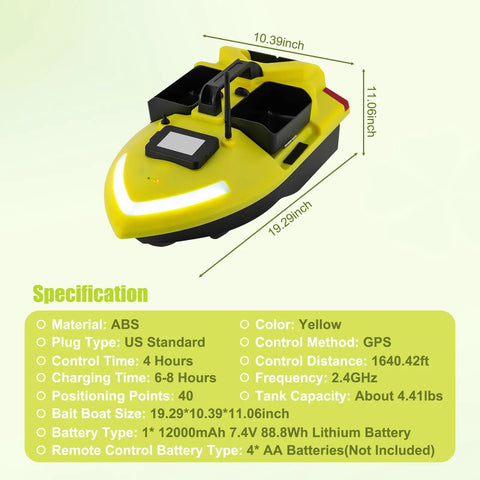 Beast GPS Fishing Bait Boat With 12000mAh Battery, 1640ft Remote Range RC Boat, Triple Bins, Yellow, with specifications