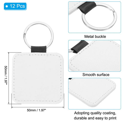 Image of 12 Pack White Sublimation Keychain Blanks Squares 1.97 Inch Double Sided PU Leather with metal buckle and smooth surface details