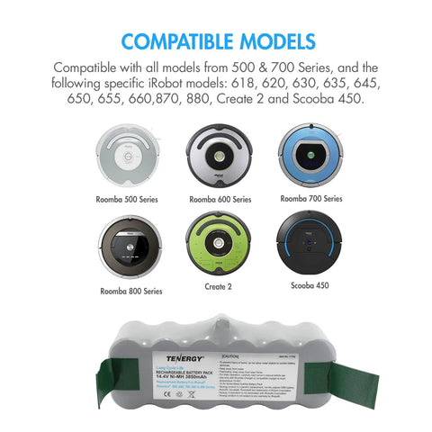 Replacement 14.4V NiMH Battery 3850mAh for iRobot Roomba models 500 to 800 with compatibility chart and battery image.