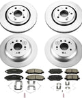 PowerStop front and rear brake kit with four silver rotors, ceramic pads, and mounting hardware.