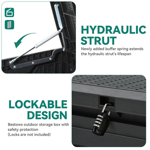 Close-up of 100-Gallon Large Resin Deck Box Waterproof Outdoor Storage lockable feature and hydraulic strut details.