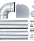 Upgraded Dryer Venting Kit With Side Or Bottom Venting components including two ducts, elbow, cover plate, and screw.