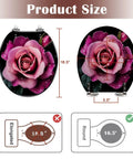 Toilet Seat Slow Close, Bathroom with rose design, round size 16.5 inches, showing dimensions and adjustable hinges.