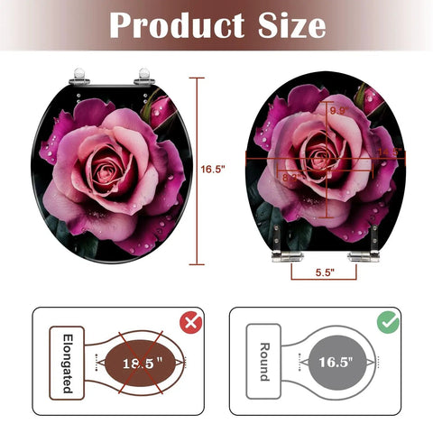 Toilet Seat Slow Close, Bathroom with rose design, round size 16.5 inches, showing dimensions and adjustable hinges.