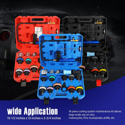 Universal Cooling System Pressure Tester Kit And Radiator Vacuum Refill Set With 18 Pro Shop Color Coded Adapters in storage case.