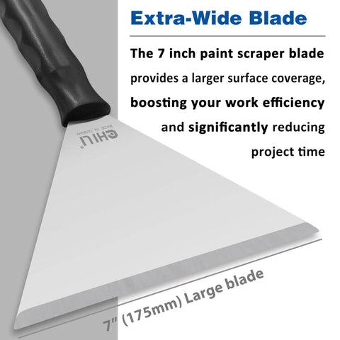 Close-up of Stainless Steel 7 Inch Pole Scraper with 1.8mm Heavy Duty Blade for Ceiling Paint Removal and Wallpaper Scraping