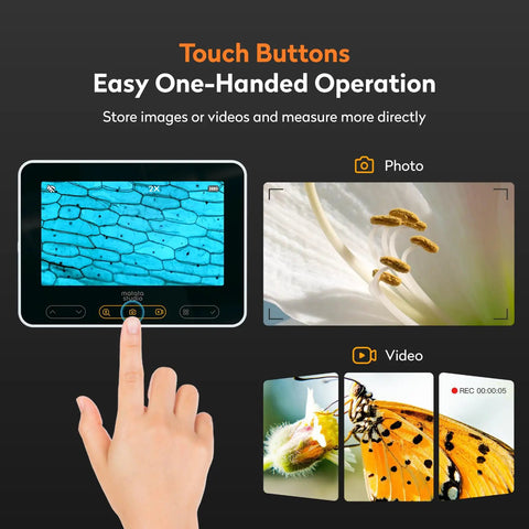 Kid-Friendly Handheld Microscope 100-1600X Portable Digital Magnifier, Lightweight Field Scope With 2600mAh Battery For Outdoor Study, Easy USB Power, Great For Plants, Rocks, Insects, And DIY Science Projects showing touchscreen photo and video controls