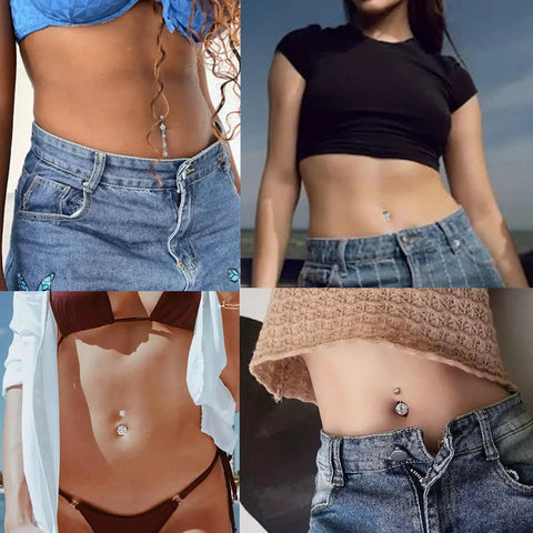 Models showcasing piercings from the Beginner Friendly Belly Button Piercing Kit 16Pcs Set With Navel Rings Pliers Disposable 12G And 14G.