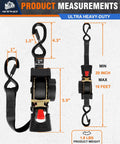 Heavy Duty Retractable Ratchet Straps 4 Pack One Inch By Ten Feet Black Cargo Tie Downs measuring 10 feet with padded hooks.