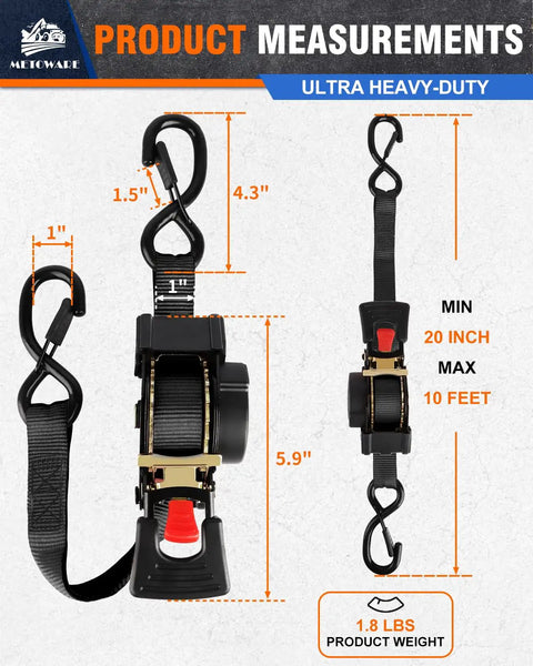 Heavy Duty Retractable Ratchet Straps 4 Pack One Inch By Ten Feet Black Cargo Tie Downs measuring 10 feet with padded hooks.