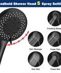 Matte black handheld shower head with five spray settings including pulsating massage and rain modes.