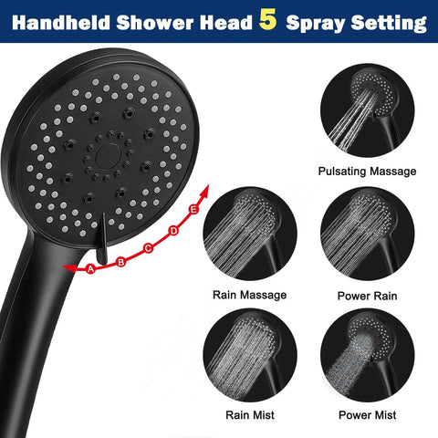 Filtered Rain Shower Head High Pressure 8 Inch Square With Five Setting Handheld Shower Filter Combo Self Adhesive Holder And One Point Five Meter Hose Matte Black Plus One Replaceable Filter Cartridge showing five spray settings.