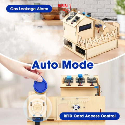 IoT Smart Home Starter Kit For Arduino IDE Hands On STEM Project For Kids Teens And Adults With Multi Sensor DIY Electronics And 3D Wooden Puzzle House showing gas leakage alarm and RFID card access control