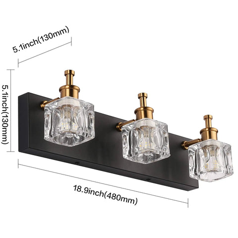 Modern Black LED Vanity Light Over Mirror With Adjustable Crystal Glass Shades 3 Light Bath Wall Fixture Waterproof Matte Black Frame For A Dope Sleek High End Bathroom Upgrade, dimensions shown