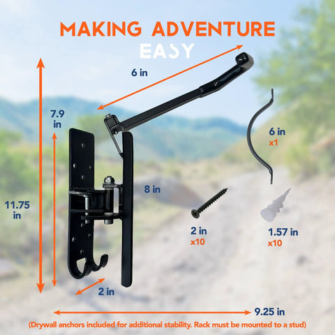 Swivel Bike Wall And Ceiling Mount With Gear Hooks For Garage Storage, dimensions overlay, showing heavy duty construction