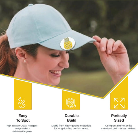Woman with hat featuring Pineapple Shaped Golf Ball Marker For Alignment And Game Changer Putting Green Precision Metal Ball Marker 1 Inch Wide