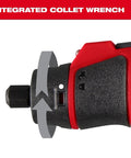 Close-up of Pro Grade M12 Cordless Brushless Rotary Tool With Snappy Variable Speed Dial, showing integrated collet wrench.