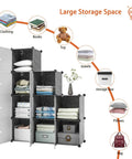 Nine Cube Portable Closet Wardrobe With Doors Space Saver Storage Organizer For Clothes Shoes And More Modular Bookcase Cubby Cabinet For Bedroom Black Durable Plastic Construction Easy Assembly Flexible Cubby Layout displaying storage options.